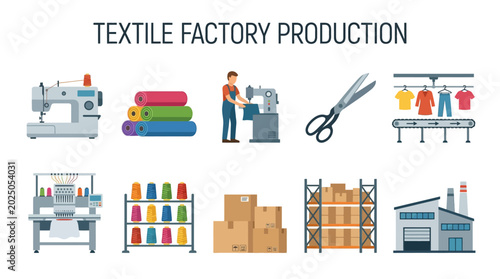 Textile factory production vector illustration for clothing manufacturing process