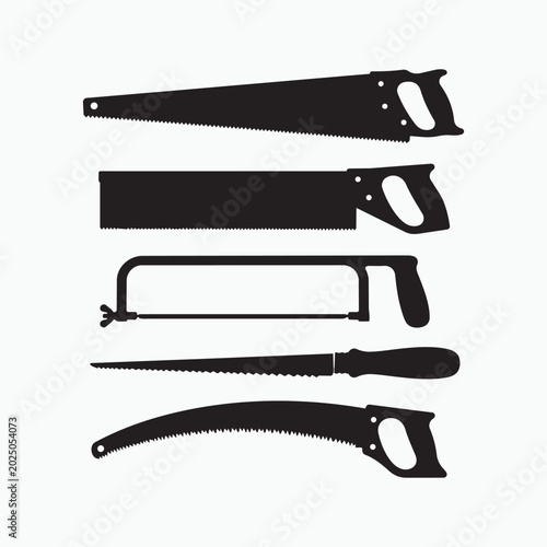 Schilderij op canvas Five black silhouette hand saws and hacksaw on white background woodworking tool