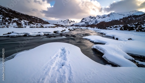 Snowy Mountain River Landscape Winter Scene.