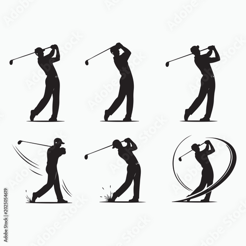 Obraz na plátně Six black silhouette golf players in various swinging poses golfer sport
