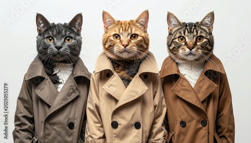 Three cats stacked vertically wearing a long trench coat pretending to be one person, only the top cat's face visible, plain white background, even lighting, front view, mixed colors