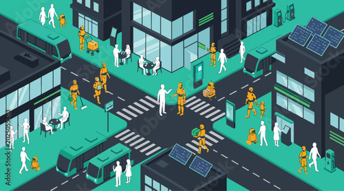 Isometric Flat Design Illustration of Humanoid Robots in a Futuristic Cityscape with People and Vehicles