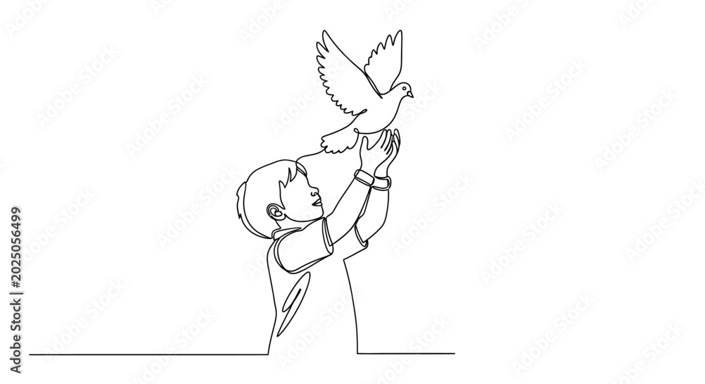 Fototapeta premium Child Releasing Dove, One Line Art