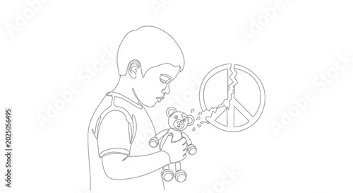 Fotografía Sad child holding broken teddy bear next to shattered peace symbol, illustration