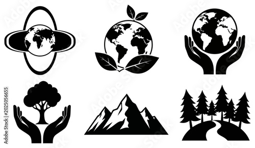 Environmental conservation icons globe trees mountains and hands