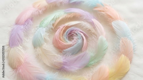 Colorful Pastel Feathers Arranged in Spiral Pattern on Soft White Background