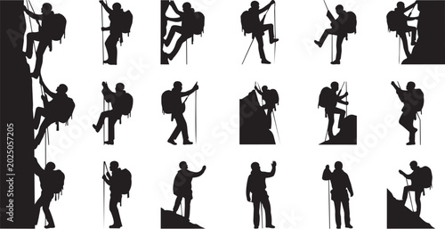 Hiking, climbing, adventure icons, black silhouettes, 20 people trekking, outdoor activity set, vector graphics