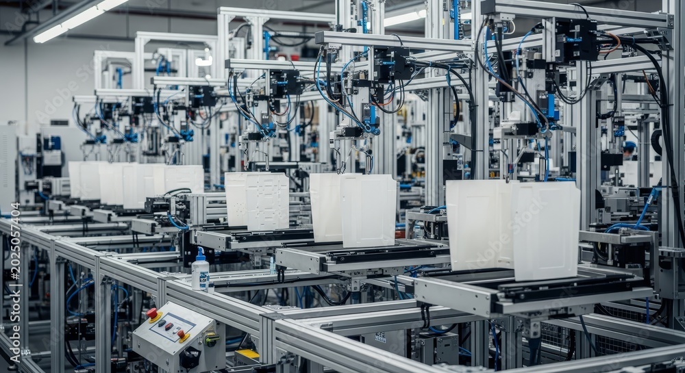 Fototapeta premium Automated robotic factory system with assembly lines and advanced machinery