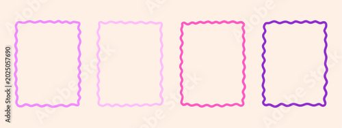 Set of Pastel Pink and Purple Hand-Drawn Wavy Rectangle Frames, Decorative Vector Border Collection