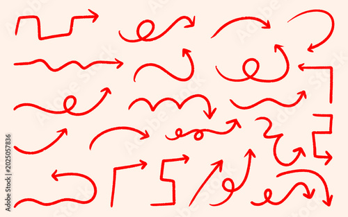 Hand-Drawn Red Arrow Set, Brush Stroke Sketch Arrows on Beige Background