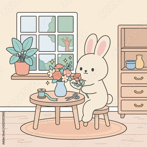 Tableau sur toile Cute Bunny Flower Arranger Making Floral Bouquet in Sunny Room Illustration