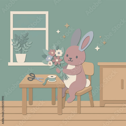 Photos Cute Bunny Floral Arranger Paper Cut Out Style Vector Illustration