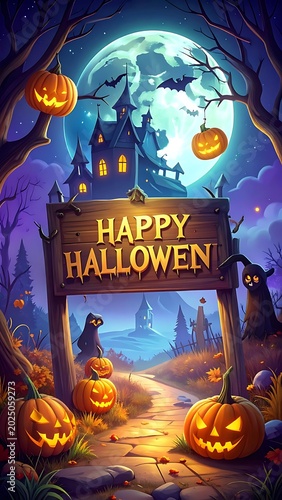 Spooky Halloween Night Scene with Pumpkins.