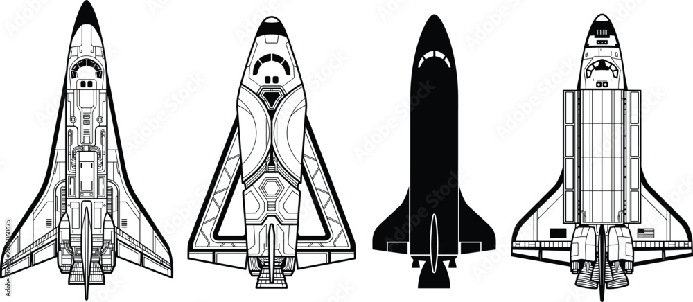 Fototapeta premium Space shuttle vector illustration set with schematic, stylized, and silhouette designs for aerospace, technology, and science themes