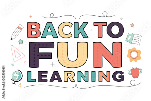 Quadro su tela Back to fun learning text with cheerful cartoon style back to school supplies