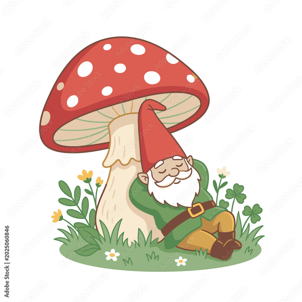 Naklejka premium Whimsical Character Design of a Sleeping Gnome Resting Under a Red Spotted Mushroom on White Background