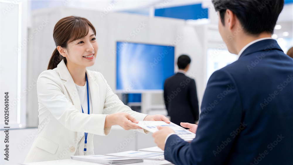Obraz premium 展示会の受付でパンフレットを男性客に笑顔で手渡す女性スタッフ