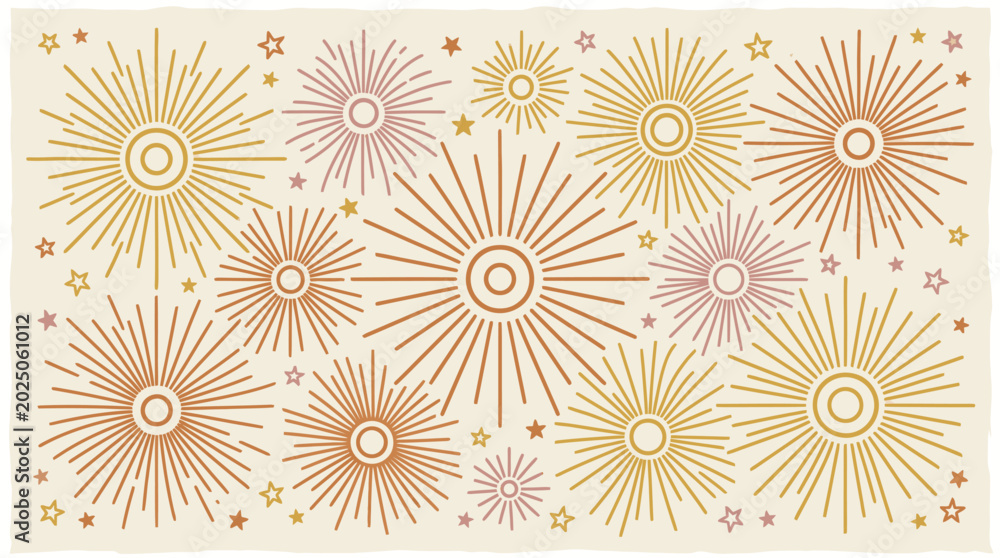 Fototapeta premium Rustic Boho Seamless Pattern with Gold and Dusty Rose Fireworks for Elegant Event Background