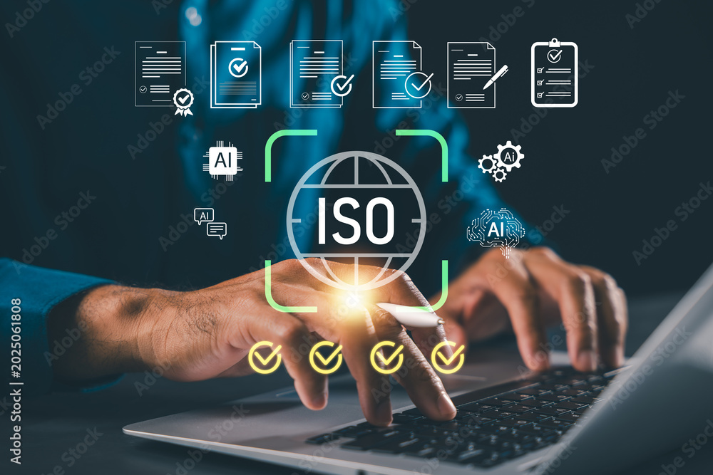 Fototapeta premium iso certification process digital checklist document approval quality assurance compliance management business system helps implement artificial intelligence for global iso standards