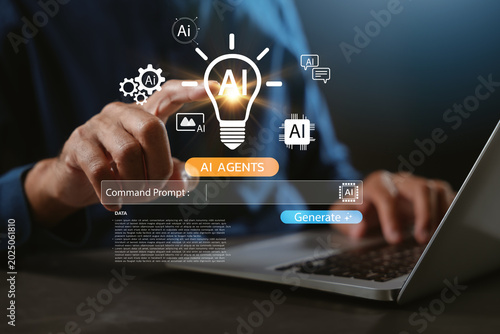 Idea generation using command prompt and virtual ai lightbulb icon allows user to generate smart automation content while using laptop computer to create digital work and generative idea