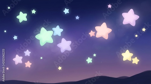 Colorful Neon Stars on Night Sky with Dark Landscape