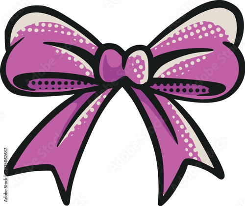 Retro purple bow illustration with cream knot, bold black outline, white highlights, and vintage halftone texture, isolated on white background