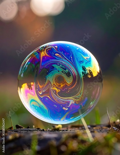 Vibrant colorful bubble on stick outdoors.