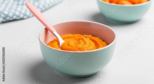 Vibrant orange carrot puree served in a pastel bowl with a pink spoon, a delicious and healthy meal option
