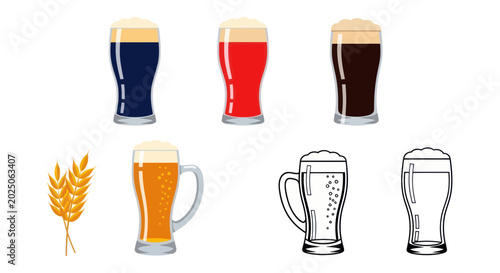 Foto Assortment of Beer Glasses with Wheat Ears, Vector Illustration