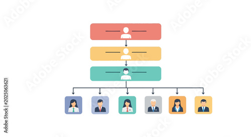 Corporate organizational chart diagram showing hierarchical management structure and team members. EPS Editable. Vector Illustrations.