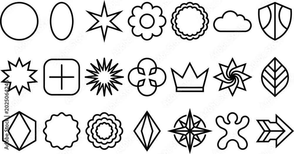 Fototapeta premium Collection of twenty one black outline geometric shapes and arranged in a grid including circles stars flowers clouds shields crowns leaves arrows and abstract symbols on a white background