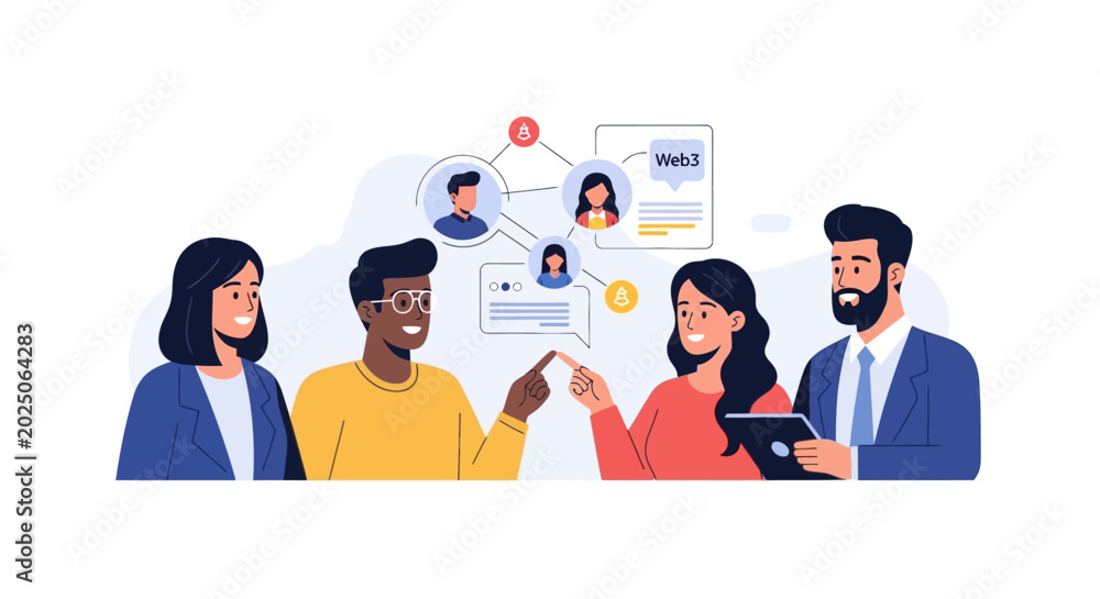 Fototapeta premium Diverse professional team collaborating on a digital network and communication project. EPS Editable. Vector Illustrations.