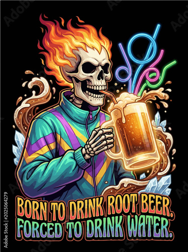 Funny Flaming Skeleton in 90s Track Jacket Drinking Soda - Born to Drink Root Beer Forced to Drink Water Meme