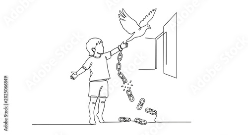 Foto Child Releasing Dove from Broken Chains Symbolizing Freedom and Hope