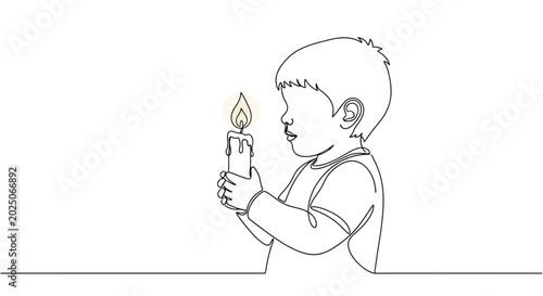 Slika na platnu Child blowing out candle light, single line drawing, white background, childhood