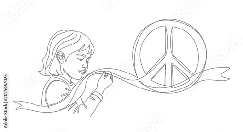 Принти на полотні Child holding peace ribbon, symbol of hope and unity, simple line art drawing