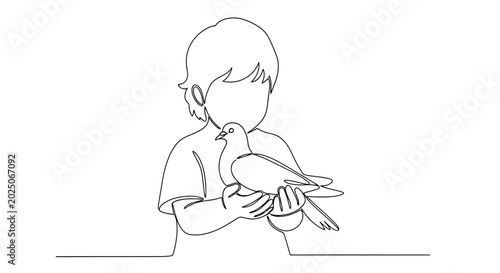 Obraz na plátne Child holding a dove, continuous line drawing, symbolizing peace and innocence