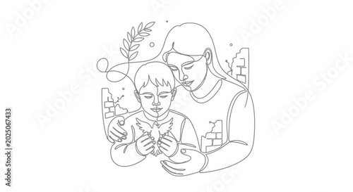 Canvastavla Mother and Child Holding Dove with Olive Branch, symbolizing hope and peace amidst ruins