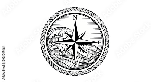 Bild auf Leinwand Nautical Compass Rose with Waves and Rope Border
