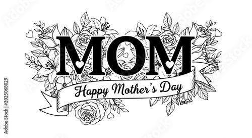 Foto Mom Happy Mother's Day Floral Banner - Hand Drawn Line Art Illustration