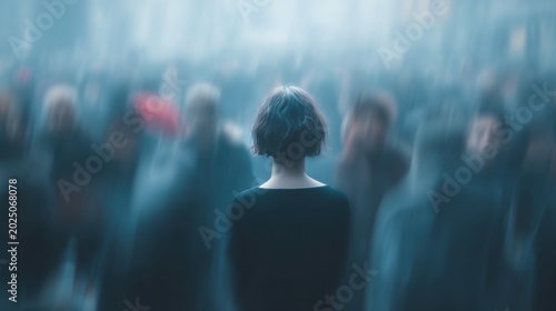 Social anxiety, above and blur with woman and people for panic attack, loneliness and fear. Mental health, depression and trauma with portrait of person in crowd for scared, ptsd psychology and sad