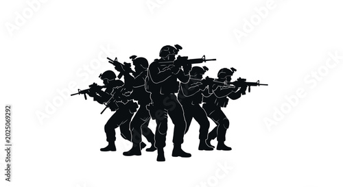 Bild auf Leinwand Military Special Forces Silhouette Team Aiming Rifles on White Background