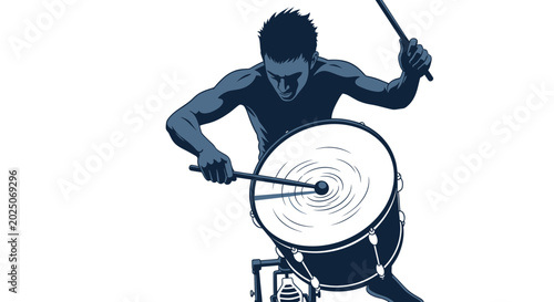 Fotografie Musician playing large bass drum with drumsticks, energetic rhythm, isolated on