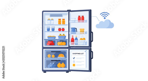 Smart Refrigerator with Cloud Connectivity and Interior Food Storage. EPS Editable. Vector Illustrations.