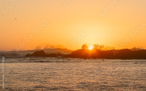 Φωτογραφία Wave spray and waves crashing into rock are lit up by the sun appearing at dawn and casting an orange glow across the sky in this seascape scene at Brooms Head in New South Wales, Australia