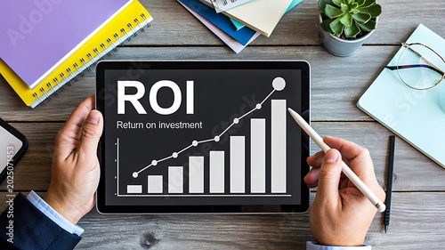 Business analytics dashboard showing return on investment growth and financial performance