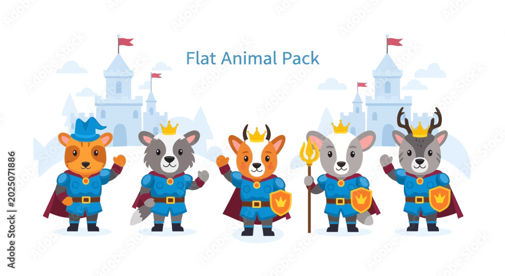 Fototapeta premium Cartoon animal knights: kingdom defense heroes vector