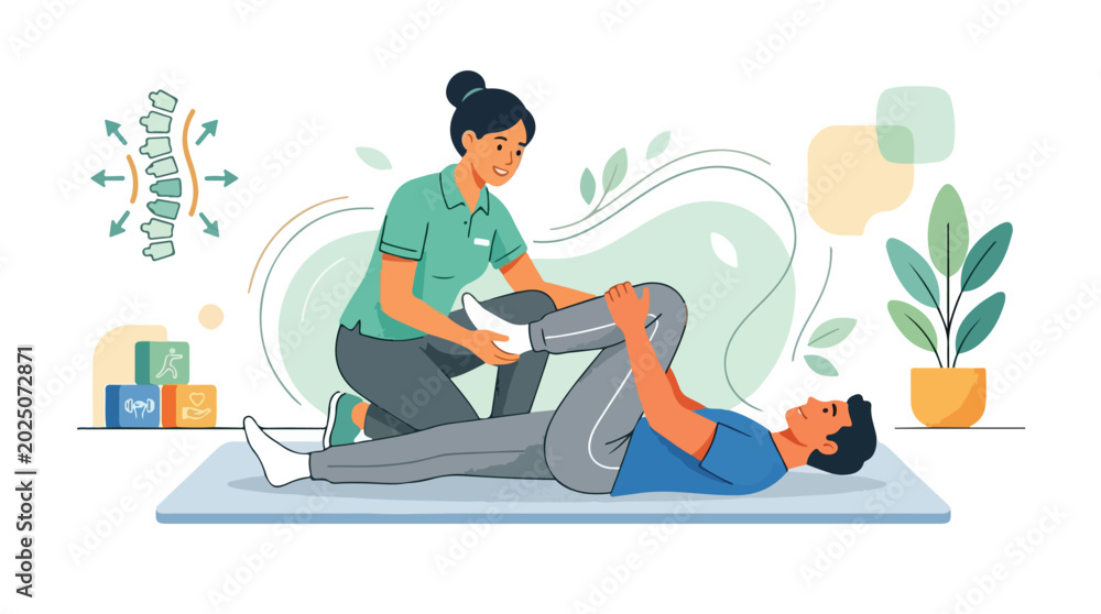 Fototapeta premium A female chiropractor adjusting a man's knee on an exercise mat with a plant and spine model in the background, conveying a healthcare and wellness scene.