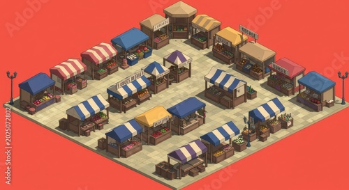 Isometric Market Stalls with Fresh Produce and Goods