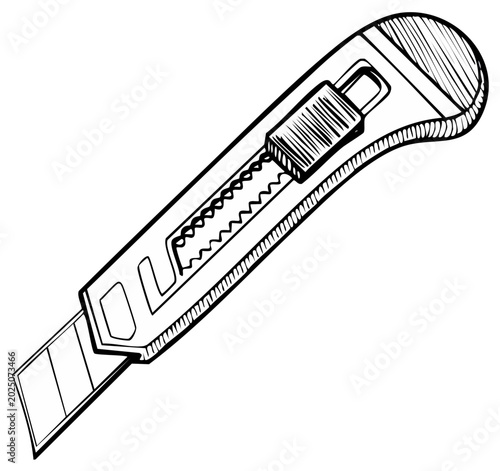 Hand drawn sketch of a utility knife with a retractable blade and serrated edge